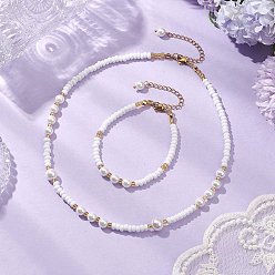 Белый Браслеты и ожерелья из ракушечных бусин и стеклянных бусин, комплекты украшений для женщин, белые, 180 мм