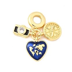 Сердце Латунные подвески из прозрачного кубического циркония в европейском стиле, без кадмия и без свинца, Подвески в виде камеры в форме сердца и компаса с большим отверстием и синей эмалью, реальный 18 k позолоченный, сердце, 28 мм, отверстие : 4.5 мм