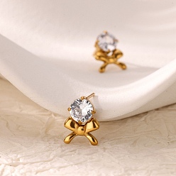 Золотой 304 серьги-гвоздики из нержавеющей стали с бантом, с четким кубического циркония, золотые, 12.5x9 мм