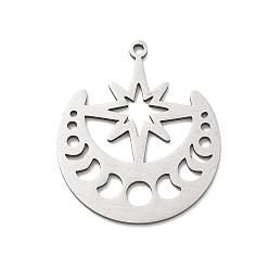 Color de Acero Inoxidable 201 colgantes de acero inoxidable, Luna con encantos de estrellas, color acero inoxidable, 27.5x23.5x1 mm, agujero: 1.6 mm