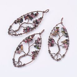 Турмалин Натуральные подвески из турмалинной фишки, с красной медью, овальные с деревом, 88.5~90x35~37x8~9 мм, отверстие : 5.5~6x7~8 мм