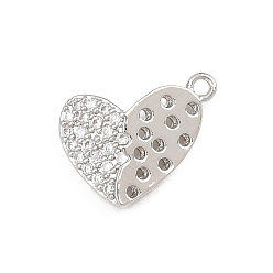 Платина Латунные подвески с микропаве на День святого Валентина, прозрачные циркониевые подвески, сердце прелести, платина, 11.5x13x3.5 мм, отверстие : 1.2 мм