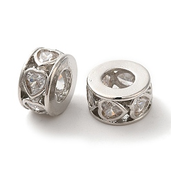 Платина Плоские круглые с полым сердцем латунные микропаве кубические цирконии европейские бусины, бусины с большим отверстием, долговечный, без кадмия и без свинца, платина, 9x5 мм, отверстие : 4.5 мм