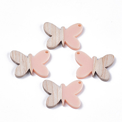 Pink Resin & Wood Pendants, Butterfly, Pink, 21.5x27.5x3mm, Hole: 1.8mm