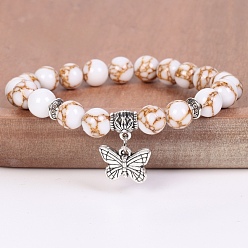 Turquesa Sintético Pulseras elásticas redondas de cuentas de turquesa sintética teñida de 8 mm con dijes de mariposa de aleación., plata antigua, blanco floral, 7.48 pulgada (19 cm)