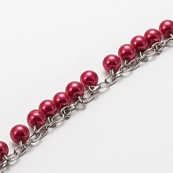 Cerise Handmade Round Glass Pearl Beads Chains for Necklaces Bracelets Making, with Iron Cable Chains and Eye Pin, Unwelded, Cerise, 39.3 inch, about 132pcs/strand