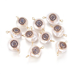 Морской Синий Соединители звеньев натурального жемчуга, с кубического циркония и латуни выводов, плоско-круглые, золотые, Marine Blue, 22~25x13~15x7~10 мм, отверстие : 1.6 мм