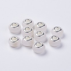 White Resin European Beads, with Silver Plated Brass Double Cores, Imitation Cat Eye, Frosted, Rondelle, White, 14x8.5mm, Hole: 5mm