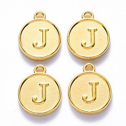 Letter J Alloy Pendant Cabochon Settings, For Enamel, Cadmium Free & Lead Free, Flat Round with Letter, Light Gold, Letter.J, 14x12x2mm, Hole: 1.5mm