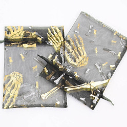 Skeleton Прямоугольные сумки из органзы на шнурке, пакеты для хранения конфет горячего тиснения, подарочный пакет на Хэллоуин, чёрные, скелет, 18x13 см