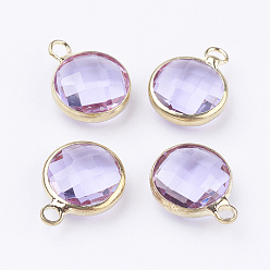 Алиса Синий Золотой латуни стеклянные тон плоские круглые прелести, граненые, Алиса Блю, 12x8.5x3 мм, отверстие : 1.5 мм