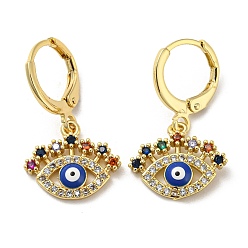 Blue Evil Eye Golden Brass Dangle Leverback Earrings, with Enamel and Cubic Zirconia, Blue, 25.5x15mm