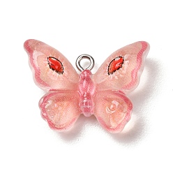 Pink Pendentifs en résine transparente, charme de papillon, avec épingle à œillet en fer platine et poudre à paillettes, rose, 19x26x7.5mm, Trou: 2mm