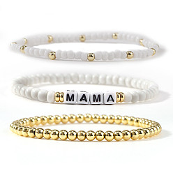 Латунь 3шт. браслеты из латуни и стеклянного бисера на резинке ко Дню матери, акриловые подвески для женщин, мама, золотые, регулируемый