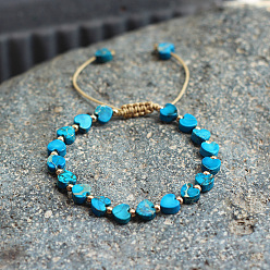 Темно-Голубой Женские плетеные браслеты из бусин в форме сердца из натуральной имперской яшмы, окрашенной в богемском стиле, с латунными бусинами и вощеным шнуром, глубокое синее небо, 5.91~9.84 дюйм (15~25 см)