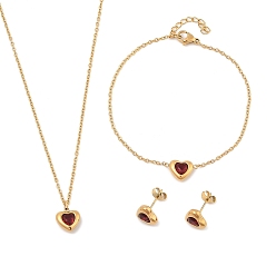 Красный Сердце 304 ожерелья, браслеты и серьги-гвоздики из нержавеющей стали с микропаве из кубического циркония для женщин, ионное покрытие (ip), красные, 7.48 дюйм (190 мм)