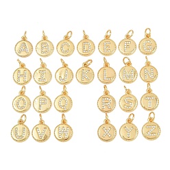 Chapado en Oro Real 18K Latón micro pavimenta claro cubic zirconia encantos, Charms planos y redondos con letras a ~ z, larga duración plateado, sin plomo y el cadmio, chapado en rack, real 18 k chapado en oro, 12.5x10x1.5 mm, agujero: 3 mm