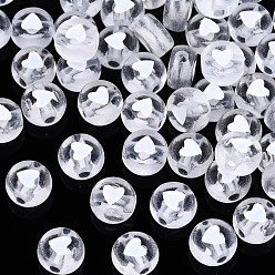 White Transparent Clear Acrylic Beads, Flat Round with White Heart, 7x4mm, Hole: 1.8mm, about 3600~3700pcs/500g