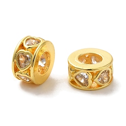 Золотой Плоские круглые с полым сердцем латунные микропаве кубические цирконии европейские бусины, бусины с большим отверстием, долговечный, без кадмия и без свинца, золотые, 9x5 мм, отверстие : 4.5 мм
