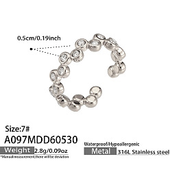Clear 316 Stainless Steel Pave Cubic Zirconia Cuff Open Rings, Round, Stainless Steel Color, Clear, US Size 7(17.3mm)