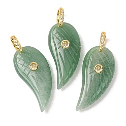 Green Aventurine Natural Green Aventurine Pendants, Feather, Golden, 36.5~37x17x8~9mm, Hole: 6x6.5mm