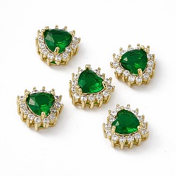 Зеленый Стойки обшивки латунь микро проложить кубического циркония бусы, со стеклом, реальный 18 k позолоченный, долговечный, без кадмия, без никеля и без свинца, сердце, зелёные, 10.5x10.5x6 мм, отверстие : 1.2~3.5x1.2~1.4 мм