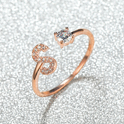 Letter S Манжеты из латуни с микро паве кубический цирконий для женщин, открытые кольца, розовое золото , Письмо с, внутренний диаметр: 16~19 мм