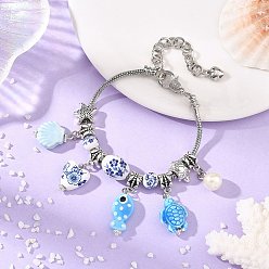 Antique Silver European Blue White Handmade Porcelain Ocean Fish Turtle Shell Charm Brass Snake Chain Bracelets, Antique Silver, 7.56 inch(19.2cm)