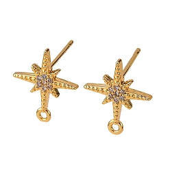 Настоящее золото 18K Фурнитура для серег-гвоздиков из латуни с паве из прозрачного кубического циркония, с петлей, без никеля , звезда, реальный 18 k позолоченный, 14x12 мм, отверстие : 1 мм, штифты : 1 мм