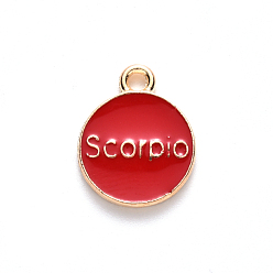 Scorpio Alloy Enamel Pendants, Flat Round with Constellation, Light Gold, Red, Scorpio, 15x12x2mm, Hole: 1.5mm, 100pcs/Box