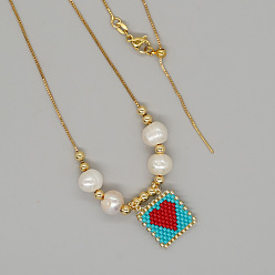 Темно-Голубой Летние стеклянные бусины квадратные с подвеской в виде сердца, ожерелья из натурального жемчуга и латунных бусин для женщин, золотые, глубокое синее небо, 23.62 дюйм (60 см)