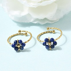Ляпис-Лазурь Регулируемые кольца-манжеты из нержавеющей стали с натуральным лазуритом., цветок, ионное покрытие (ip), реальный 304 k позолоченный, 18 мм