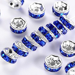Sapphire Brass Grade A Rhinestone Spacer Beads, Silver Color Plated, Nickel Free, Sapphire, 7x3.2mm, Hole: 1.2mm
