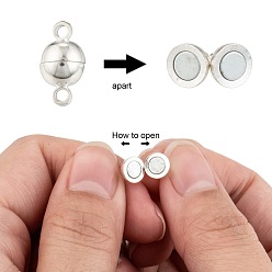 Silver Brass Magnetic Clasps with Loops, Round, Silver Color Plated, 11.5x6mm, Hole: 1.2mm