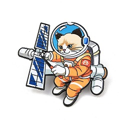 Оранжевый Эмалированные значки с котом-космонавтом и спутником., броши-булавки из сплава для рюкзаков и одежды, оранжевые, 34x36.5 мм
