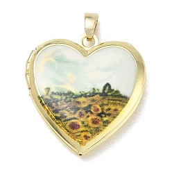 Deep Sky Blue Printed Brass Locket Pendants, Heart with Flower Charms, Deep Sky Blue, 25x22.5x5.5mm, Hole: 4x2.5mm