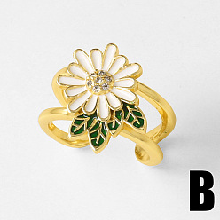 White Brass Micro Pave Clear Cubic Zirconia Cuff Open Rings, Flower, Golden, White, 17mm