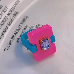 Темно-Розовый Кольца из смолы для женщин и девочек, прямоугольные, темно-розовыми, внутренний диаметр: 17 мм