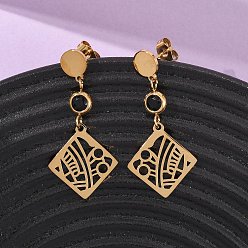 Настоящее золото 18K 304 из нержавеющей стали болтаться серьги, со стеклом, ромб, ионное покрытие (ip), реальный 18 k позолоченный, 37.5x17 мм