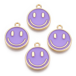 Medium Orchid Light Gold Tone Alloy Enamel Pendants, Flat Round with Smiling Face Charms, Medium Orchid, 19x16x1.5mm, Hole: 1.8mm