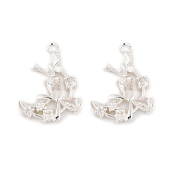 Серебро Латунные микропаве прозрачные подвески с фианитом, без кадмия, без никеля и без свинца, долговечный, луна с подвесками-бантиками, серебряные, 18.5x14x3 мм, отверстие : 1 мм