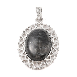 Larvikite Подвески из натурального ларвикита, с фурнитурой сплавочной платины тон, овальные амулеты, 41x28.5x7.5 мм, отверстие : 7.2x4 мм