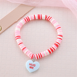 Разноцветный Браслеты с подвесками из цинкового сплава с эмалью ко Дню святого Валентина, Браслеты из полимерной глины, бусины хейши, эластичные для женщин, сердце со словом обними меня, красочный, внутренний диаметр: 2.72 дюйм (6.9 см)