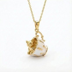 Cat Shape Brass White Enamel Animal Cup Pendant Necklaces for Women, Golden, Cat Shape, 17.72 inch(45cm)