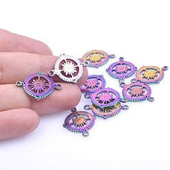 Rainbow Color 201 Stainless Steel Connector Charms, Flat Round Compass Links, Rainbow Color, 18x24x1mm, Hole: 1.2mm