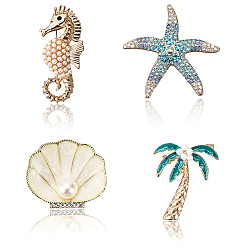 Mixed Shapes 4 шт. 4 стили броши из сплава со стразами на морскую тематику для рюкзака, золотой свет, разнообразные, 31.5~50x22.5~54 мм, 1 шт / стиль