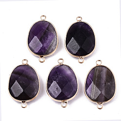 Amethyst Natural Amethyst Links Connectors, Light Gold Tone Brass Edge, Oval, 31.5x17.5x6.5mm, Hole: 2mm
