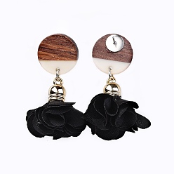 Black Stud Earrings, with Cloth Pendant, Resin & Wood Pendants and Stainless Steel Findings, Flat Round and Flower, Black, 46.5~50.5mm, Flat Round: 18x2.8mm, Flower: 26.5~30.5x26.5~32mm, Pin: 0.6mm