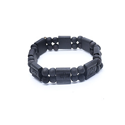 Black Wood Beads Stretch Bracelets for Women Men, Cross Pattern Beaded Bracelets, Black, 7-7/8 inch(20cm)