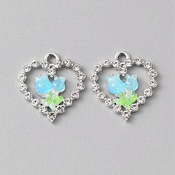Светло-Голубой Платинового сплава горный хрусталь подвески, cmолой, сердце с подвесками в виде бабочек, Небесно-голубой, 22x20x4~4.5 мм, отверстие : 2.5 мм
